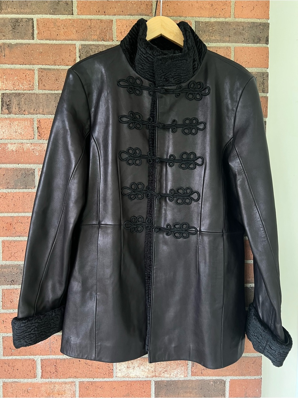 Brandon Thomas Black Leather Military Jacket XL Toggle Frog Closure Whimsigoth